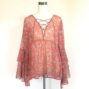 NWT Sheer Floral Ruffle Long Sleeve Tie Neck Blouse Top